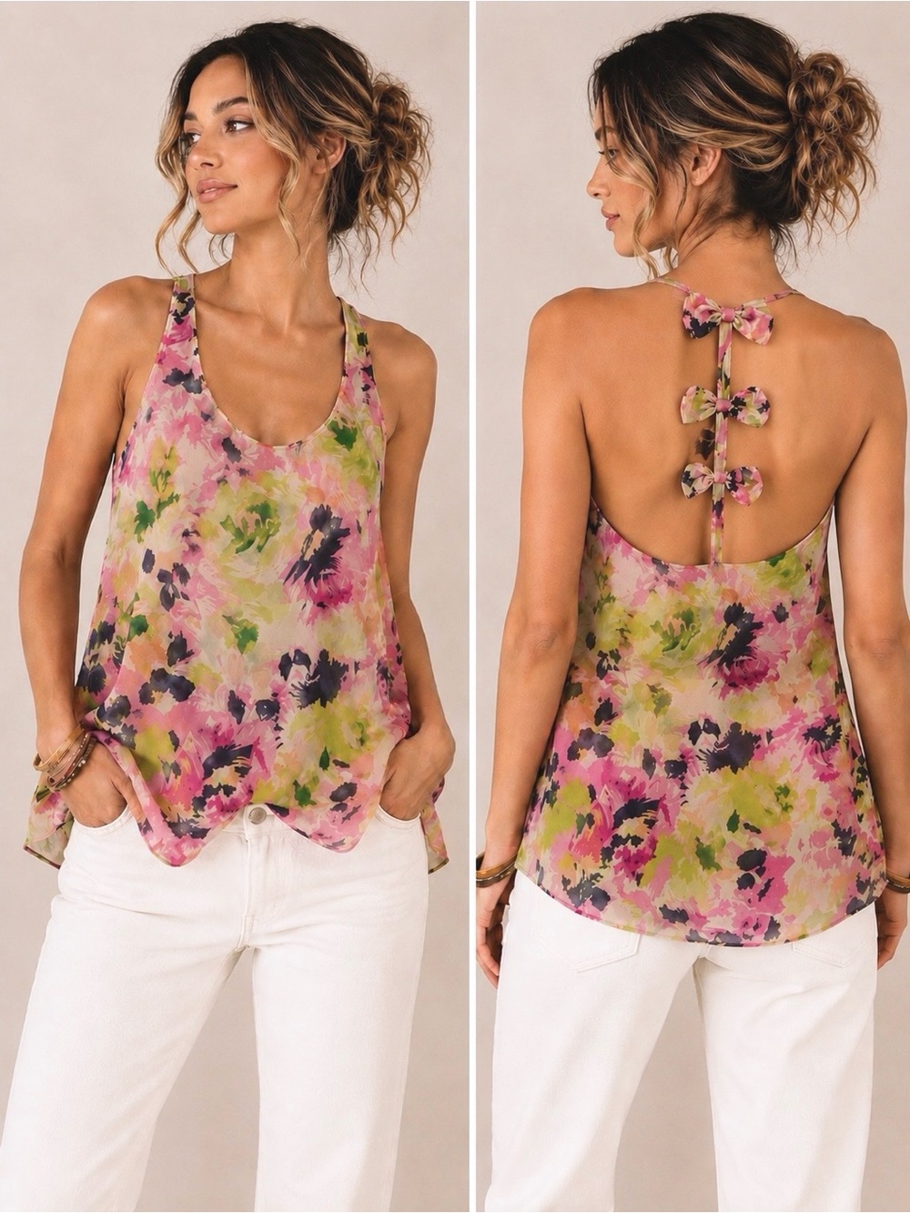 Bohemian Millau Floral Tie-Back Tank Top in Pink & Green bow tie on back chiffon